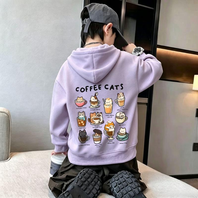 Y2K Kids Hoodie Sweatshirt Autumn Winter Cute Cartoon Coffee Cats Graphic Print Casual Loose Long Sleeve Tops