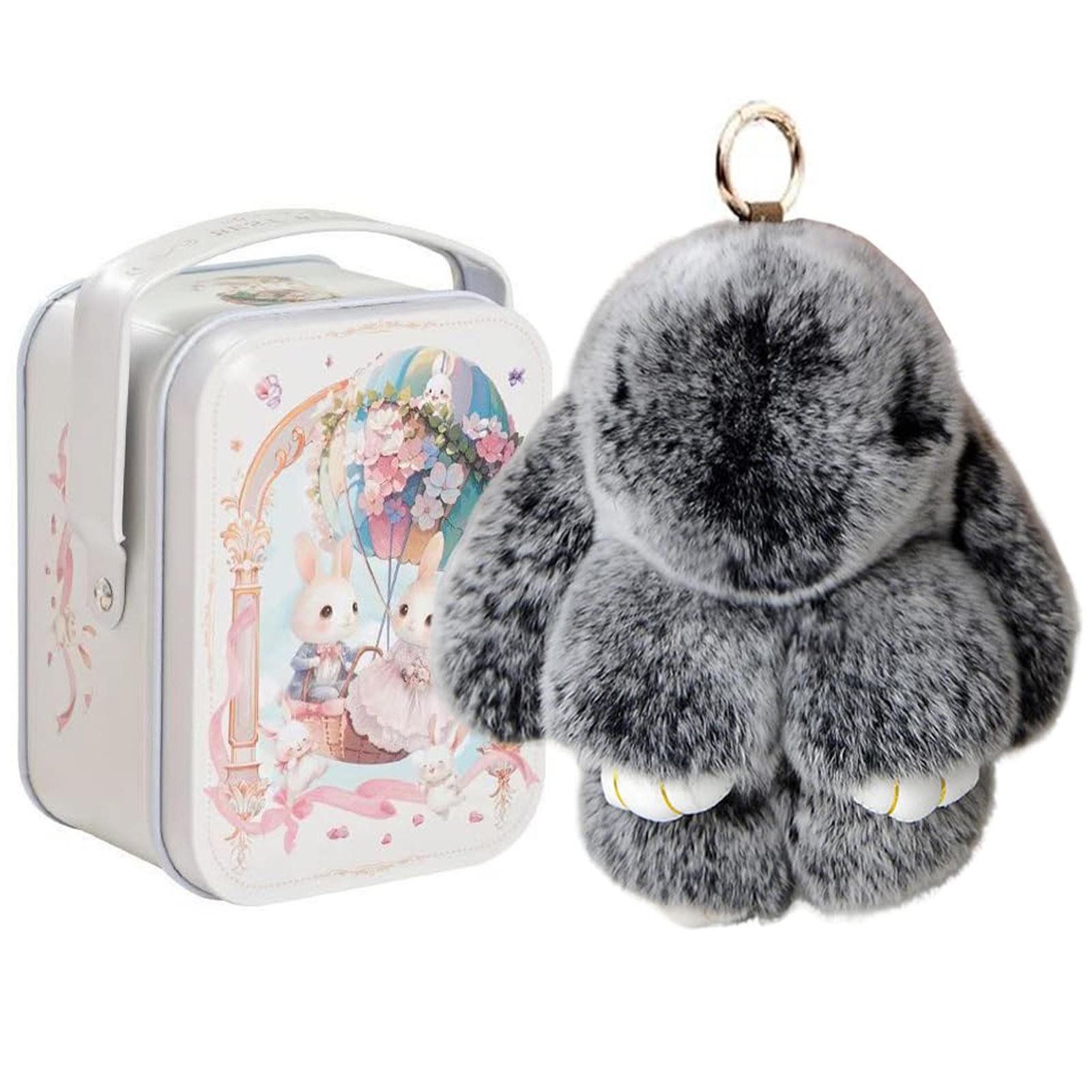 

Bunny Keychain with Tin Box Charming Rabbit Design Car Handbag Keyring Soft Plush Rabbit Keychain for Easter Gifts Bags and Keys чёрный