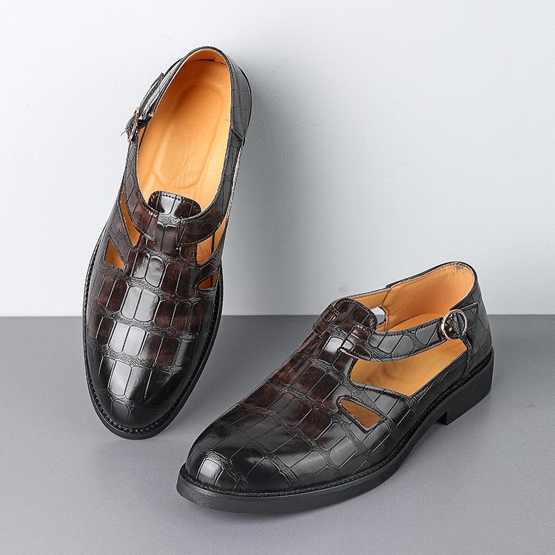 Trend Nieuwe Rome Puntige Neus Casual Leer Geperforeerd Ademende Schoenen voor Mannen Designer Sandalen Bruidsjurk Formele Platte Schoenen