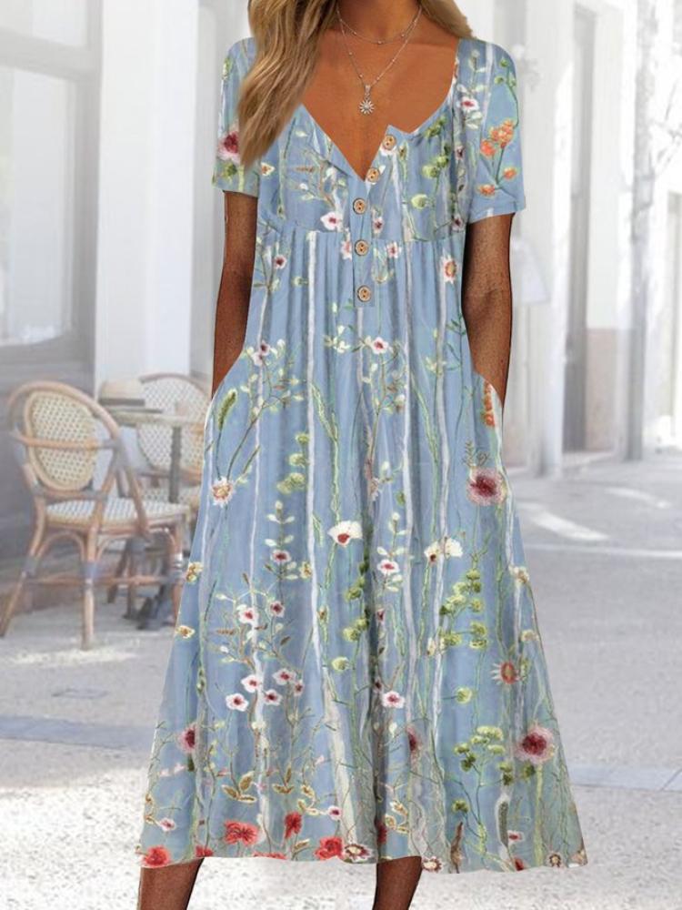 Women's Floral Print V-Neck Short Sleeve Button Front Casual Dress with Pockets