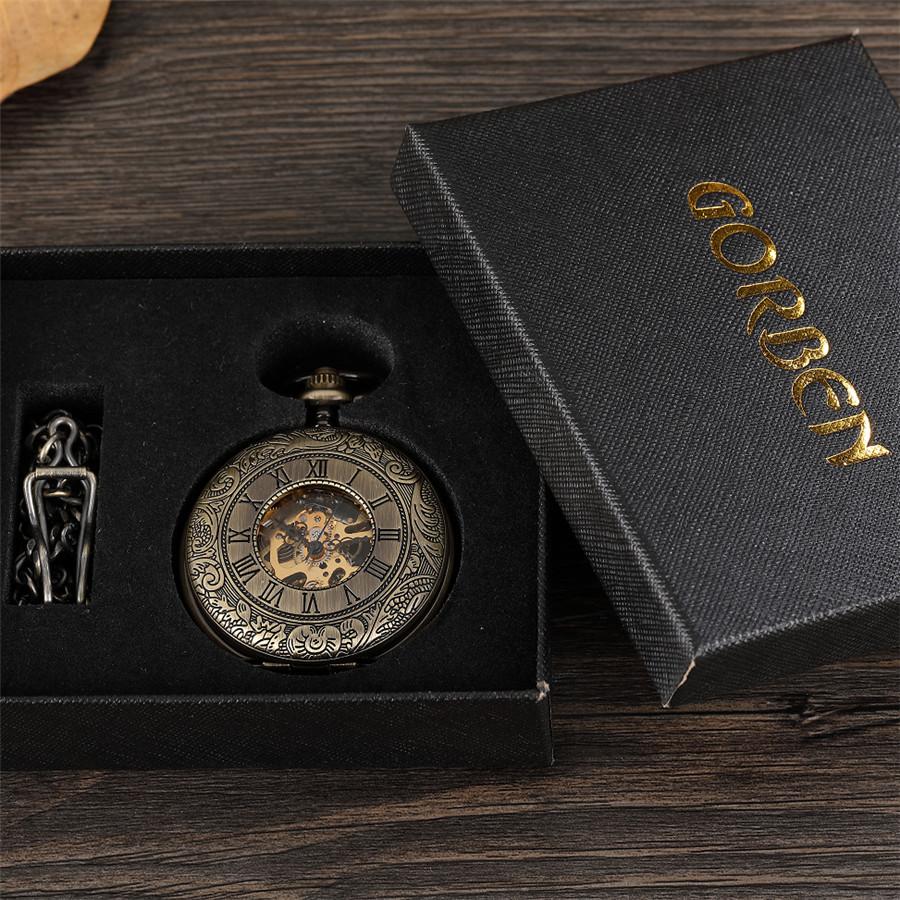 New Retro Unique Men Pocket Watch Double Scale Transparent Mechanical Pocket Watch Fob Chain