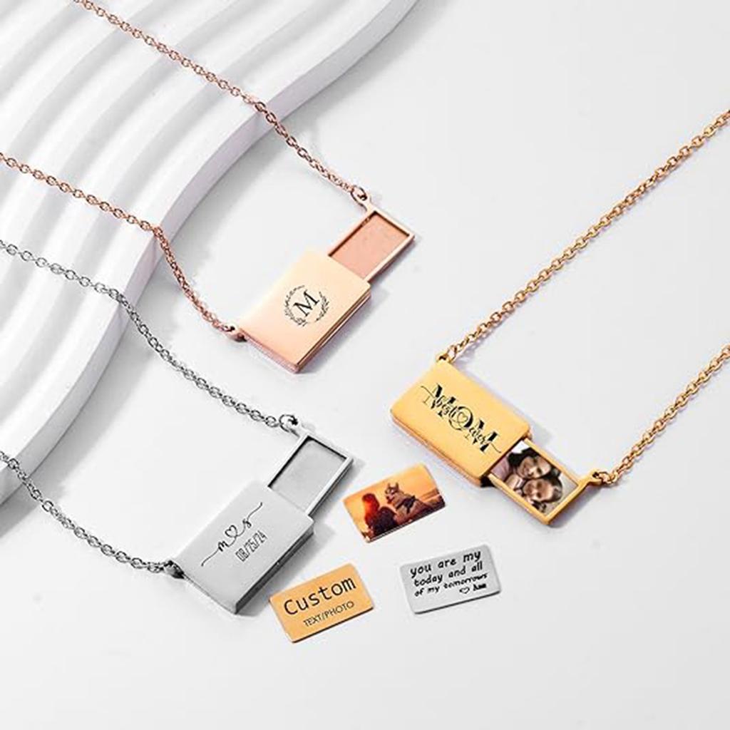 Custom Photo Box Pendant Necklace Stainless Steel Personalized Words and Picture Choker