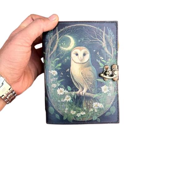 Handmade Owl Leather Journal 5×7” | Moonlit Forest Diary with 200 Deckle-Edge Pages | Vintage Lock Notebook