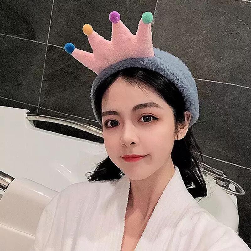 Plush Colorful Crown Hairband Soft Spa Headbands Elastic Furry Turban Non-slip Headwrap for Washing Face Makeup Tool
