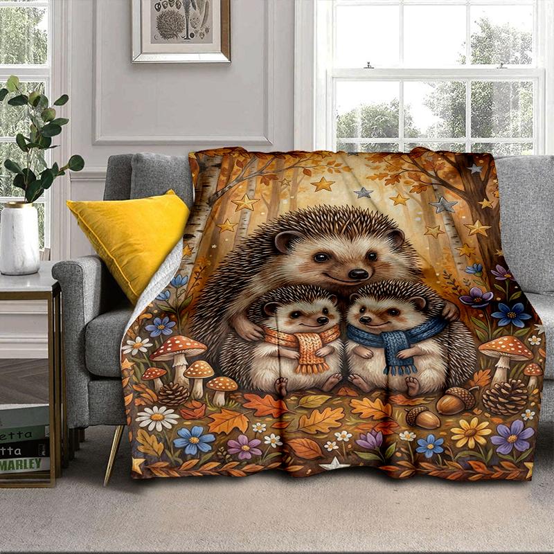 Autumnal Hedgehog Family Blanket Flannel Blanket Throw Blanket Sofa Cover Blanket Soft Premium Blanket Picnic Blanket Tv Blanket Gifts