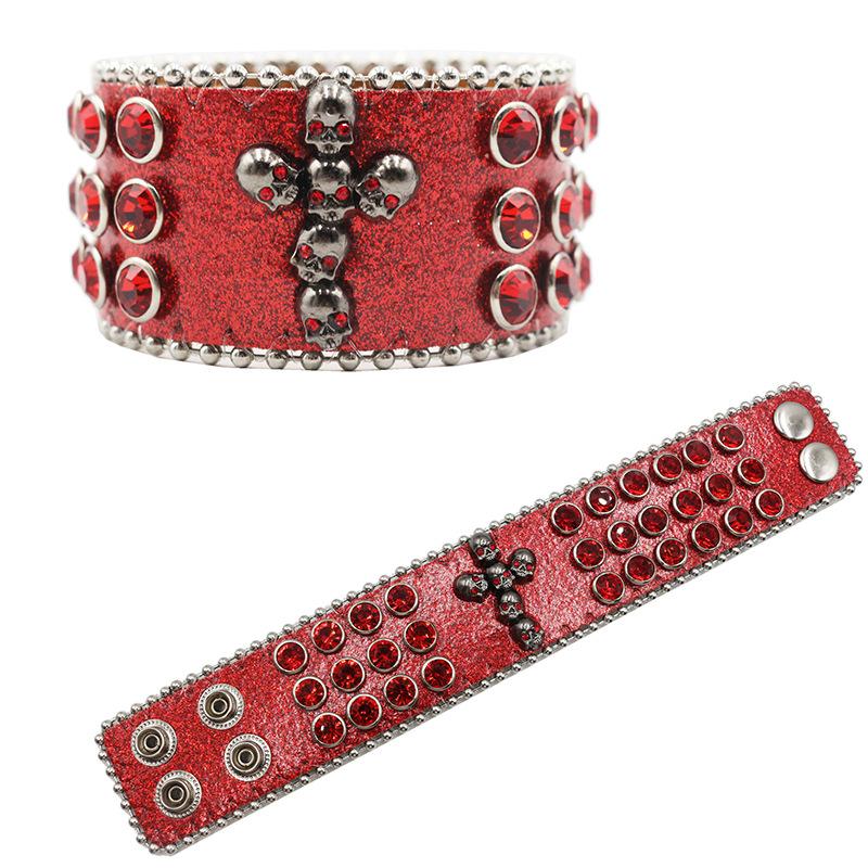 Design Diamond and Rhinestone Bracelet, Gothic Hip-hop Punk Trend PU Leather Bracelet