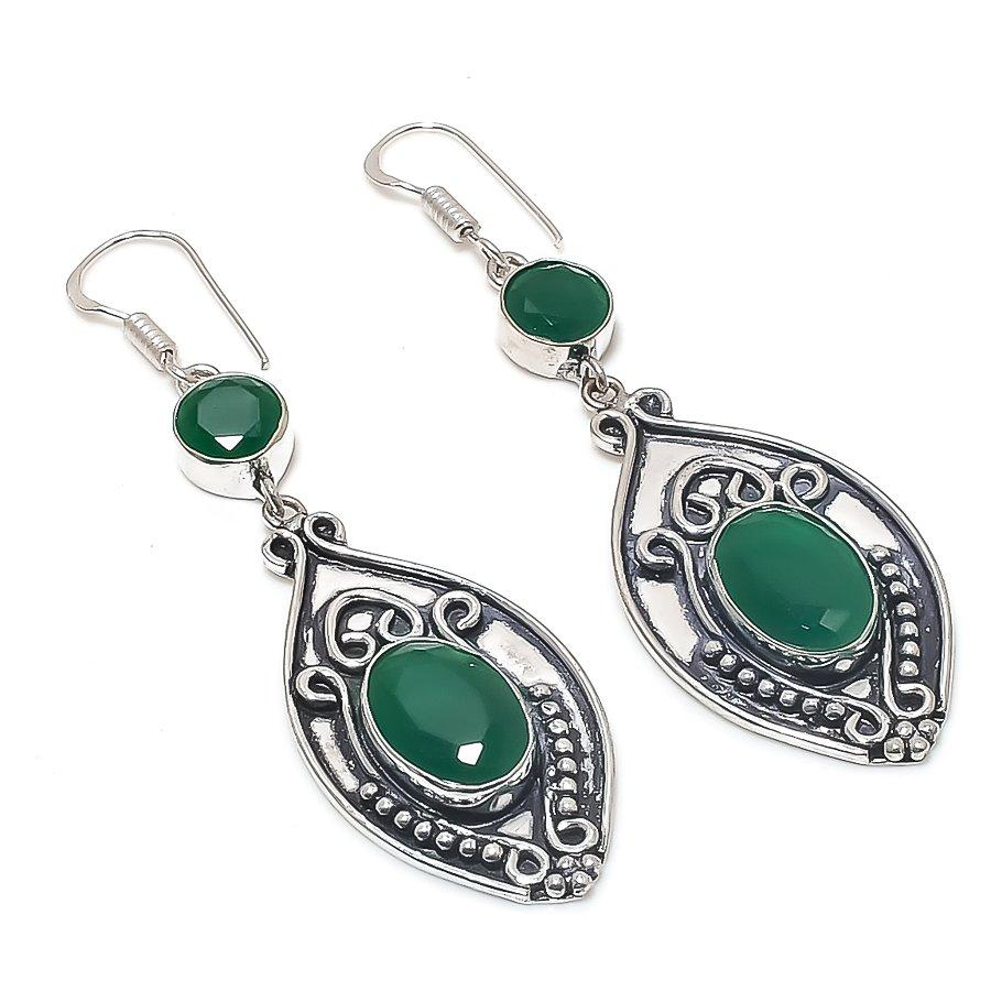 Natural Green Onyx Gemstone Handmade 925 Sterling Silver Earring 2.76" E1I80