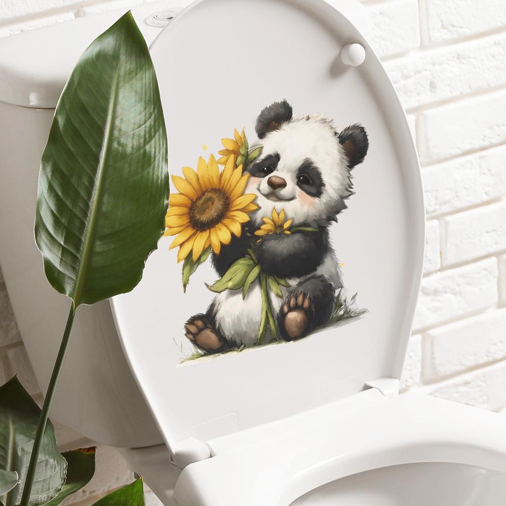 Pegatina de Panda de Dibujos Animados Sosteniendo Girasol para Asiento de Inodoro Decoración del Hogar Calcomanía Extraíble Autoadhesiva