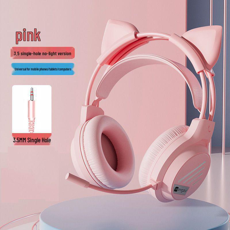 Glowing Cat Ear Wired Headphones: Cute Gaming Headset for Girls - Compatible with Desktop & Laptop Computers