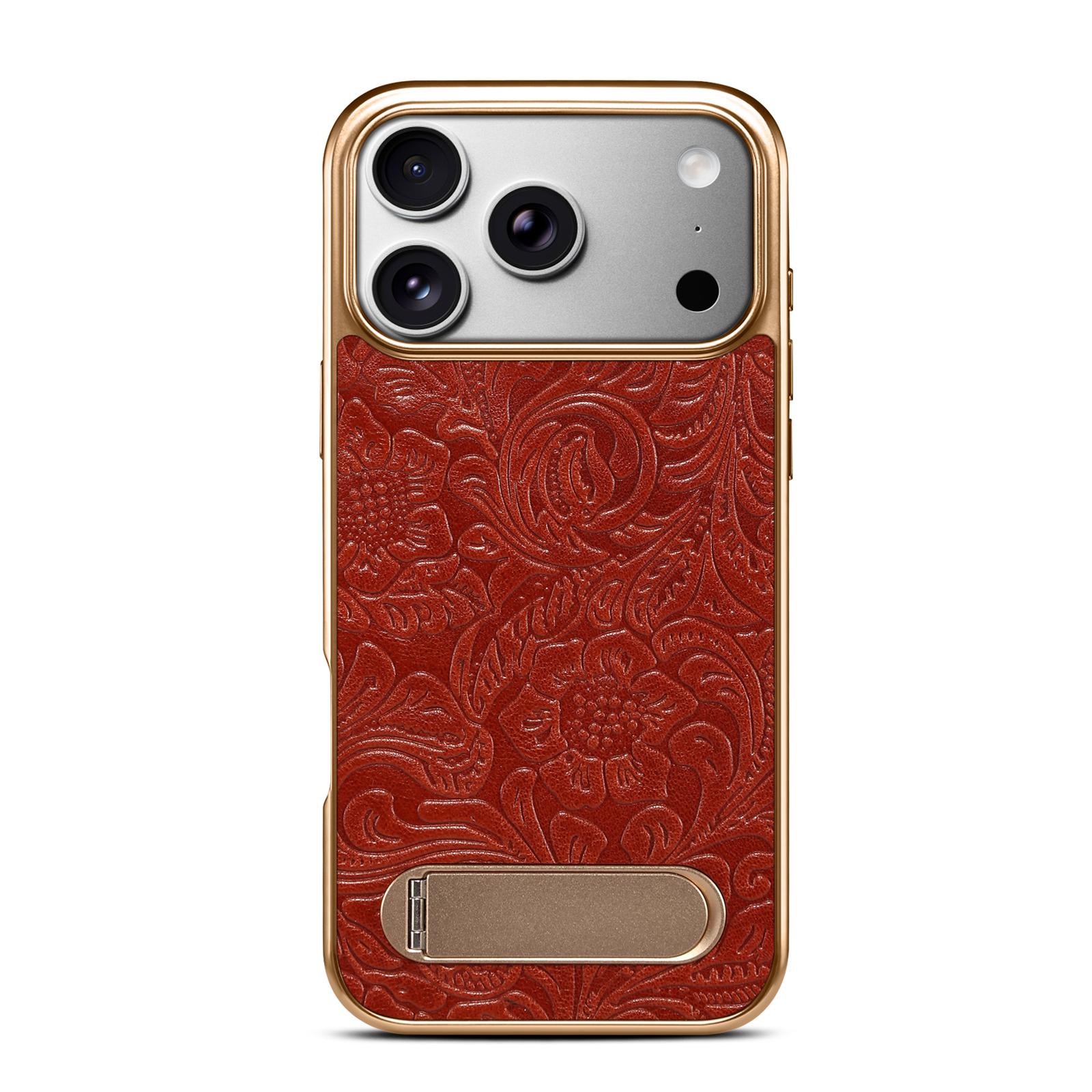 

Tang Flower Design Genuine Cowhide Leather Phone Case for iPhone 17 Pro Max 17Air 16 15 14 13 Pro Magnetic Invisible Stand Cover iPhone17 Pro червоний