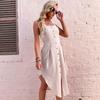 Ladies Summer Halter Neck Solid Color Sleeveless Sling Split Irregular Cotton Linen Chic Button Apricot Dress S-XL