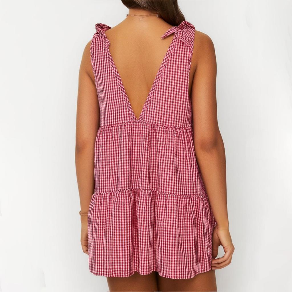 Women's Summer Plaid Flowing Dress Strappy Sleeveless Beach Holiday Dress