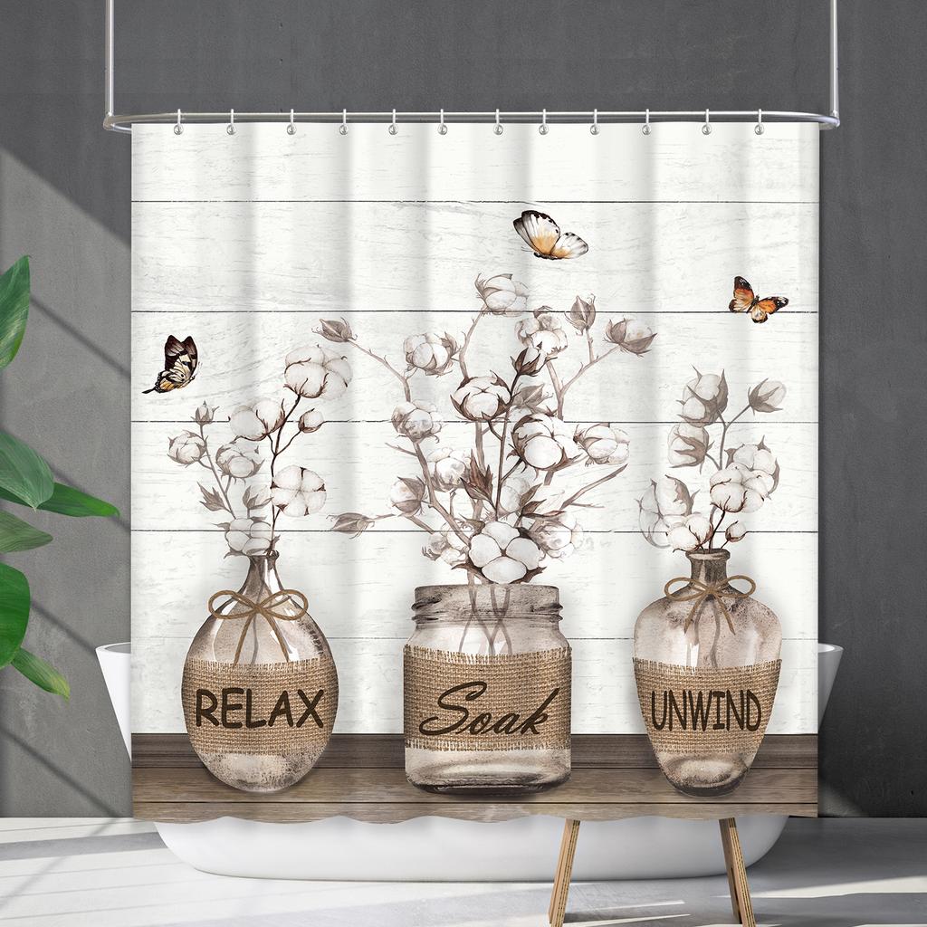 Bathroom Waterproof Curtain Digital Printing Plant Vase Shower Curtain Non-Punching Toilet Partition Curtain Shower Cloth