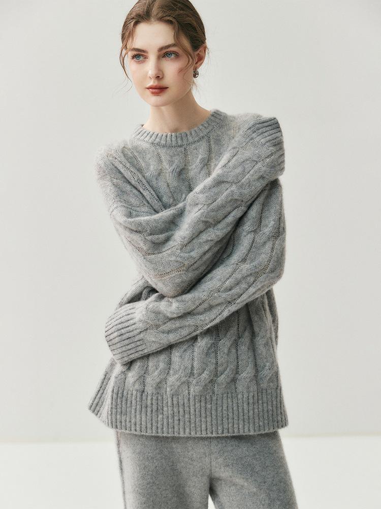 Women's Heavyweight Cable Knit Cashmere Pullover - Fall/Winter Long Sleeve Round Neck Sweater