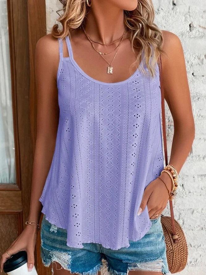 Dames Ronde Hals Mouwloze Tanktop Losse Pasvorm Broderie Jacquard Spaghettibandje Camisole Zomer Laagjes Basic Top