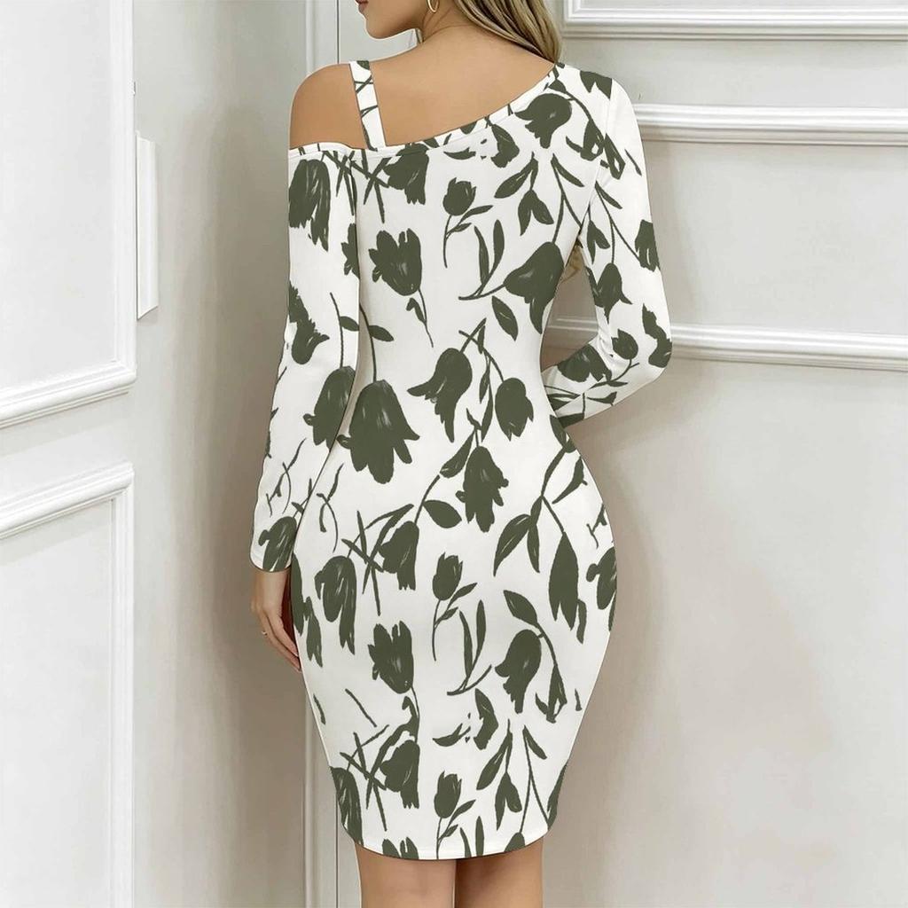 Women Plus Size Asymmetric Cold Shoulder White Green Tulip Floral Print Wrap Bodycon Midi Dress
