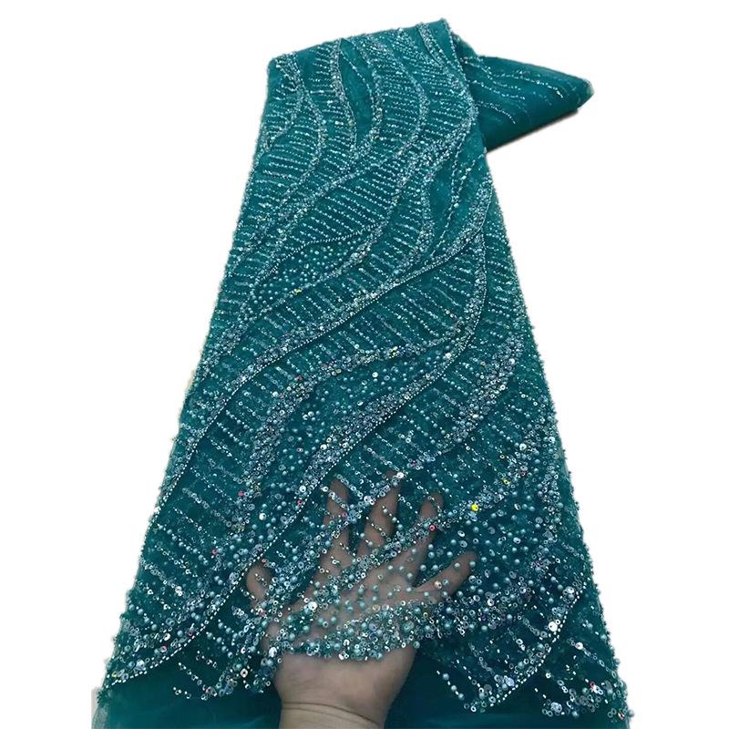 1 yard Mesh Lace Fabric With Bead Sequin Chain Stitch Embroidery for Dance Wedding Dress Patchwork Material Tulle Fabric Golden