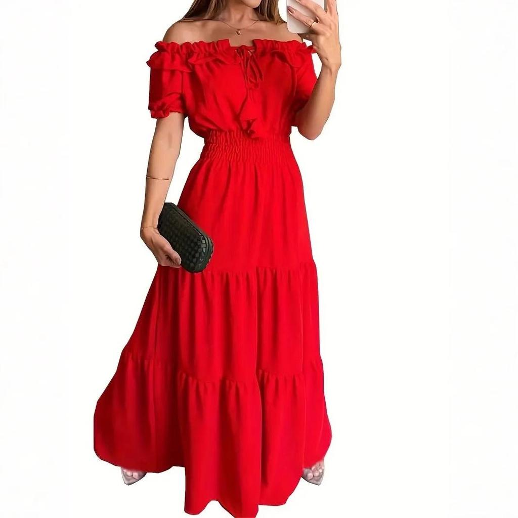 2025 Euro-American Trendy Off-Shoulder Ruffle Puff Sleeve Lace-Up Dress for Women