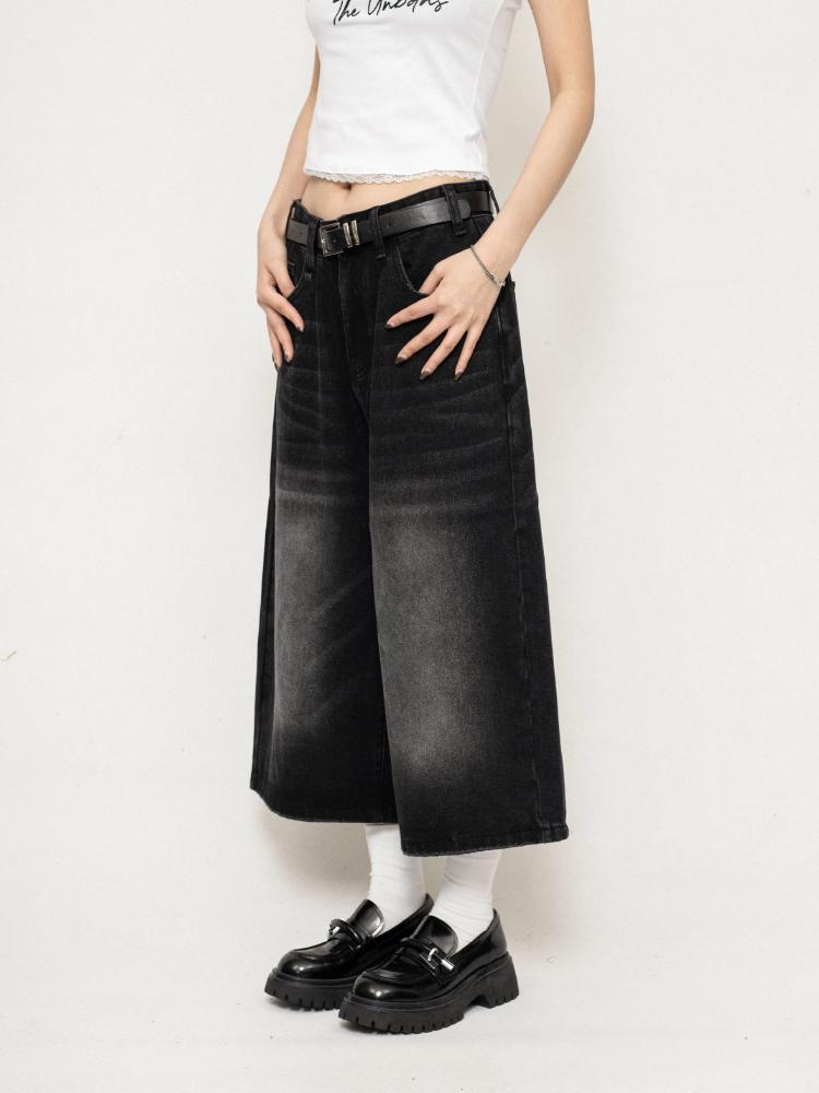 Pantaloncini in denim lavato retrò nero a vita alta vintage Harajuku da donna, alla moda casual, larghi, Y2K, da strada, di media lunghezza e corti
