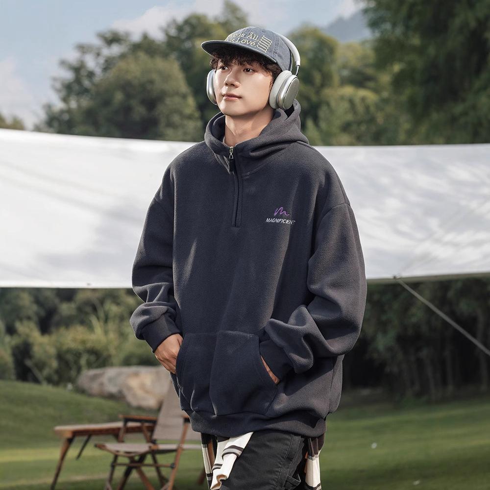 

Half Zipper Sweater Men s Winter Thickened Hooded American Solid Color Top Warm Jacket XXXL темно-сірий