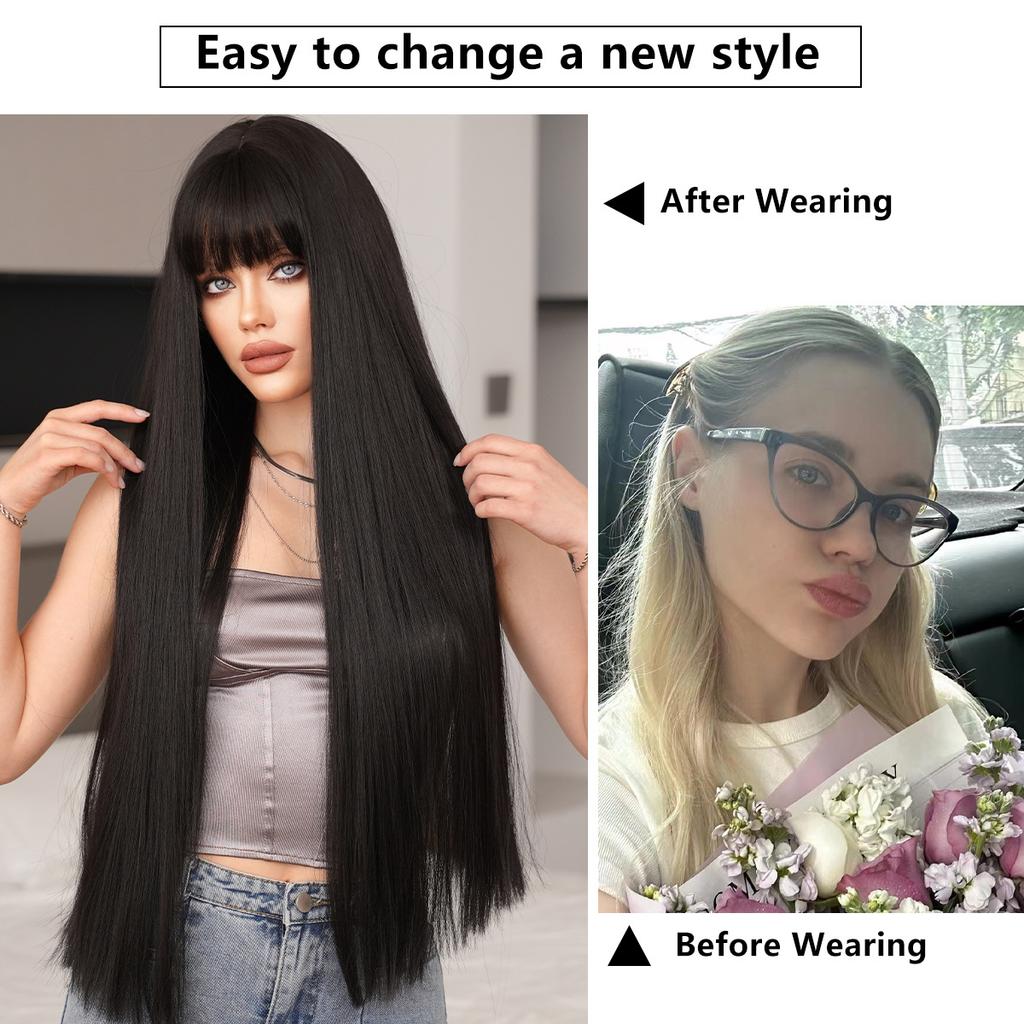 Multi Colored Optional Long Straight Hair With Bangs Wig Women's Full Head Set Natural Synthetic Matte High-temperature Silk