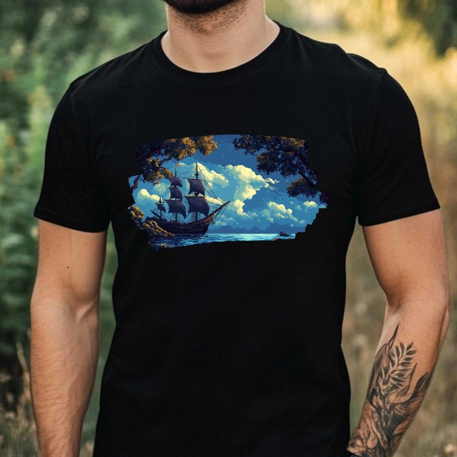 T-Shirt Herren Piratenschiff Pixel Art Motiv Baumwolle Größe XS bis 5XL XS
