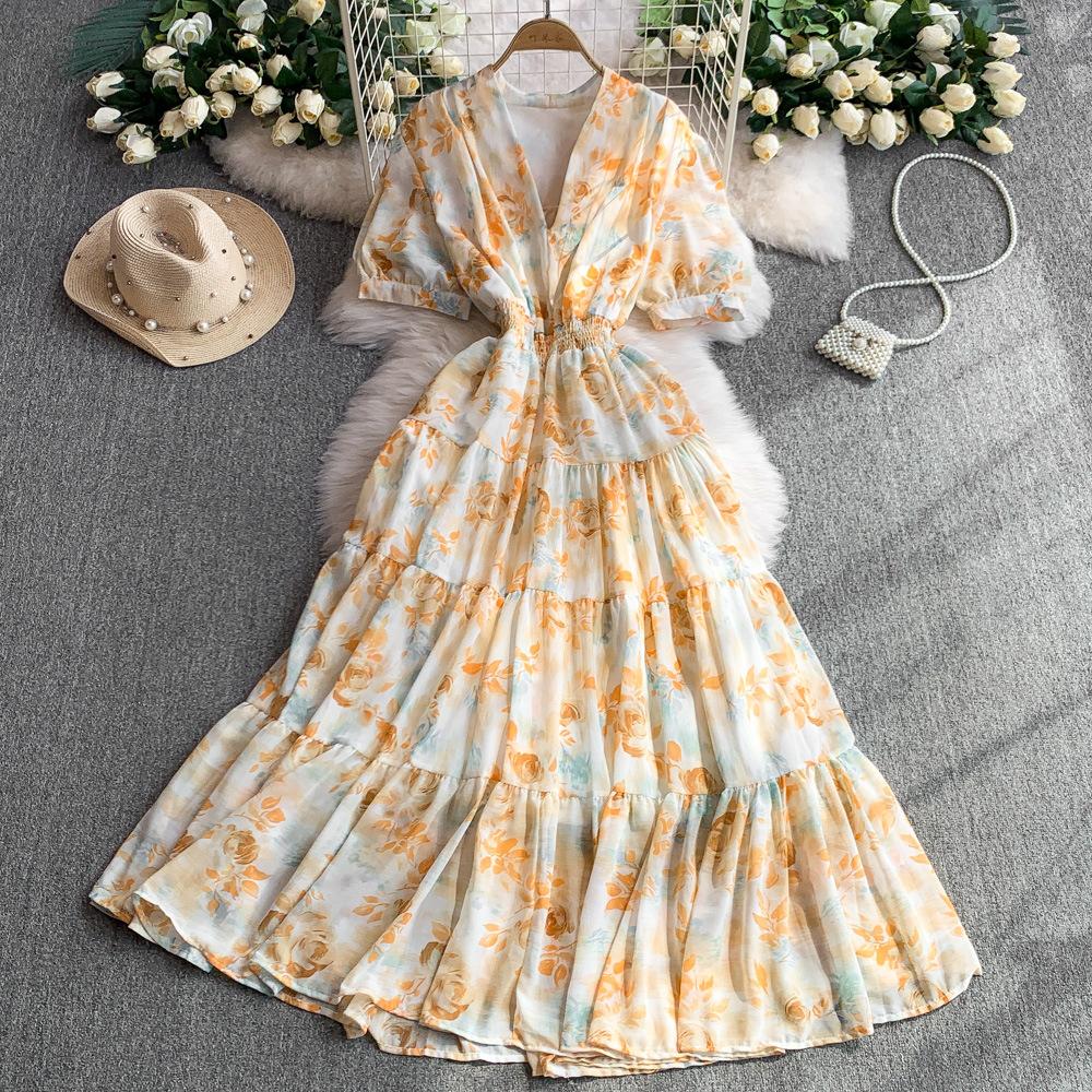 French Retro Coffee Break Floral V-neck Dress Women's Summer Elastic Waist Thin Ruffle Edge Big Swing Long Skirt