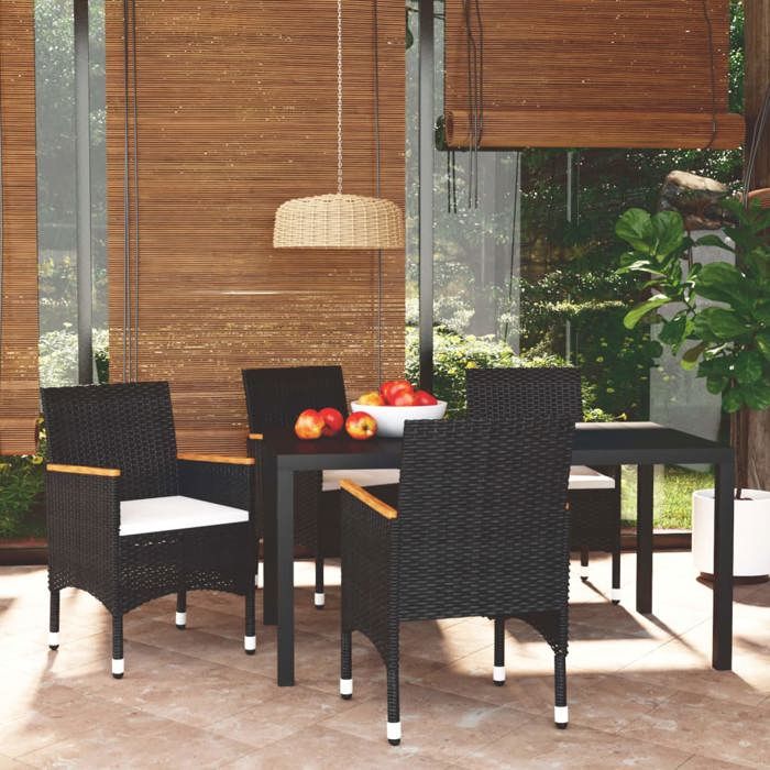 Ensemble de jardin - MAISON EXCLUSIVE - 5 pcs - Résine tressée noire - Accoudoirs acacia huilé - Plateau WPC