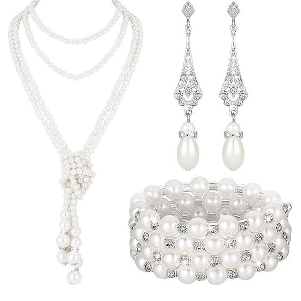 Vintage Pearl Necklace And Earring Set With Silver Accents For Office Wear