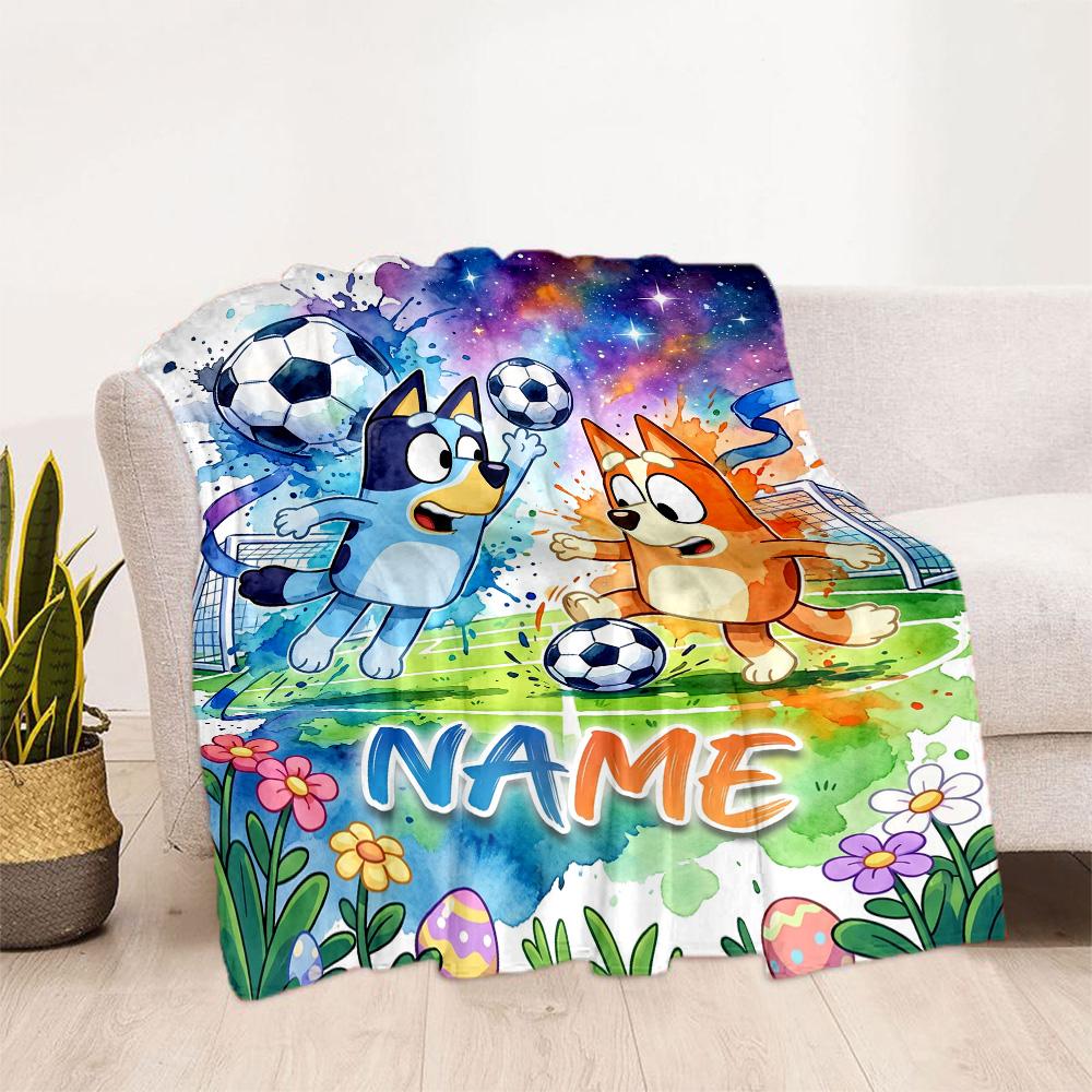 Soccer Fun Bluey Personalized Name Blanket Throw Customizable Blanket Comfortable Versatile for Living Room Seaside Sofa Picnics Ideal for All Seasons