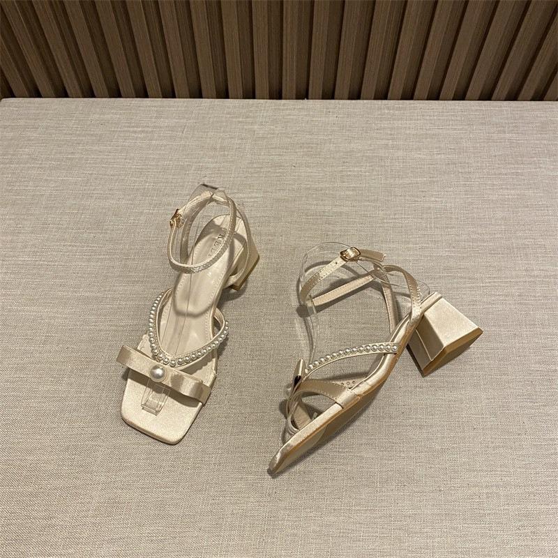 Thick heel elegant satin pearl one-word sandals summer versatile fashion fairy sandals