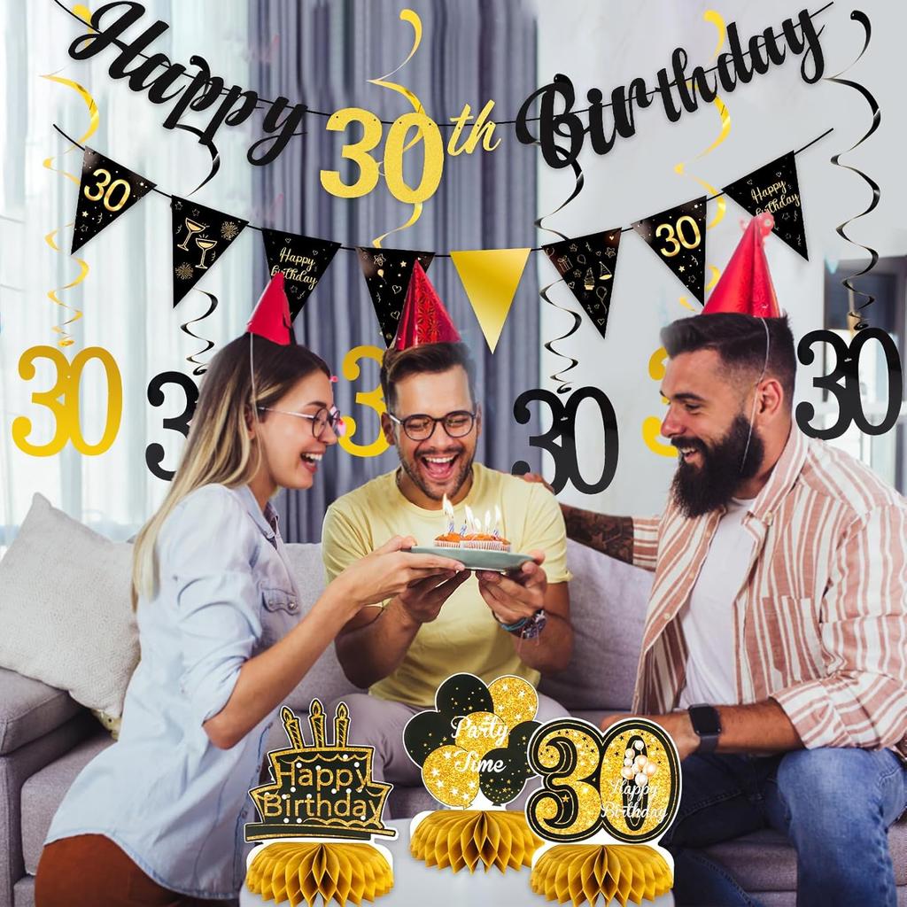 30th Birthday Decorations for Him Pre Assembled Black Gold Happy 30th Birthday Banner, Hanging Swirls and Table Honeycombs Centerpieces for Men 30th