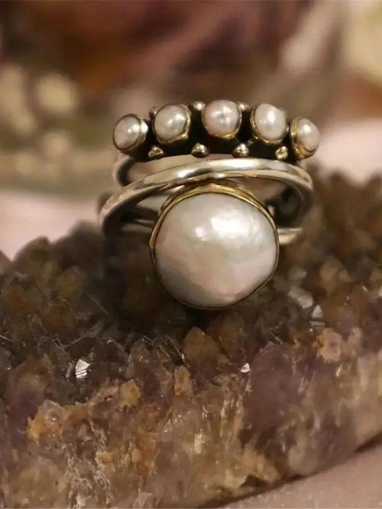 Винтажное Женское Большое Белое Жемчужное Кольцо Серебряный Золотой Цвет Подарок Свадьба Для Женщин 6