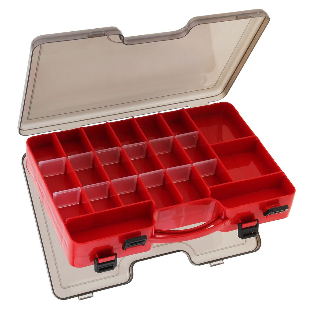 Tragbare doppelseitige Aufbewahrungsbox für Angelgeräte aus rotem Kunststoff mit 44 Fächern