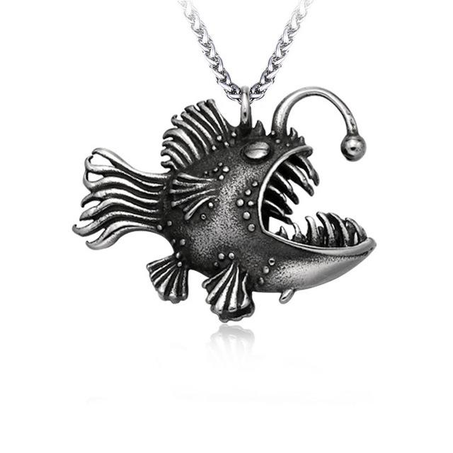 

Винтажное панк-ожерелье с подвеской, уникальное 3D-ожерелье с рыбой-фонариком из нержавеющей стали, уникальное ожерелье для мужчин и женщин, модные ювелирные изделия, подарок 60cm