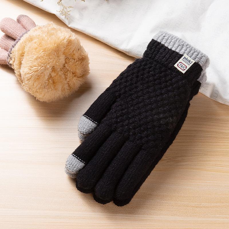 

Зимние теплые перчатки для женщин, утолщенные бархатные, в корейском стиле, модные, непродуваемые, трикотажные перчатки с сенсорным экраном для езды