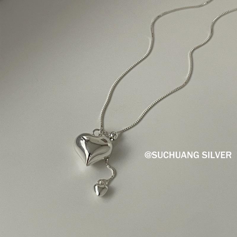 S925 Sterling Silver 3D Heart Clavicle Necklace for Women - Light Luxury Design 925 Silver