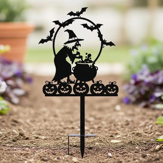 Handmade Witch Garden Stake Black Finish Powder Coated Metal Art