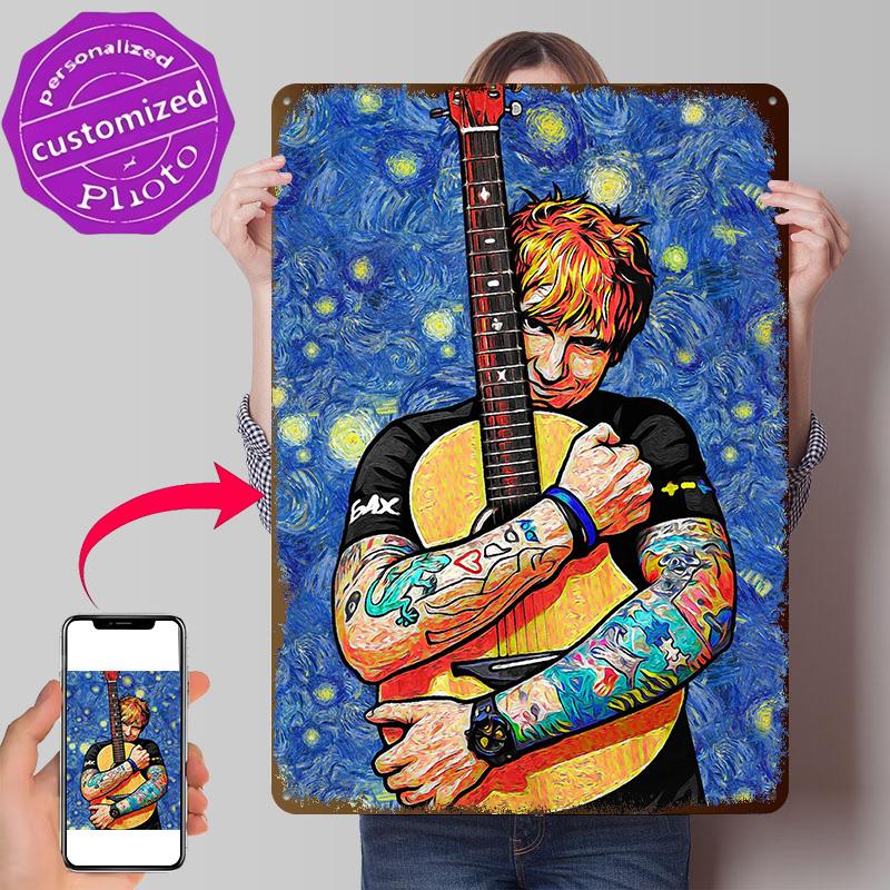 Ed Sheeran With Guitar In Starry Night Style Personalized D Textured Metal Poster Wall Art Tinplate Sign for Decoration Home
