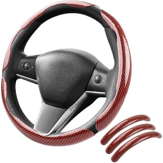 Carbon Fiber Steering Wheel Cover 3PCS, Non-Slip Grip For Universal Cars,Fit For 14–16 Inch Wheels, Interior Accessories For Cars Trucks (Black)