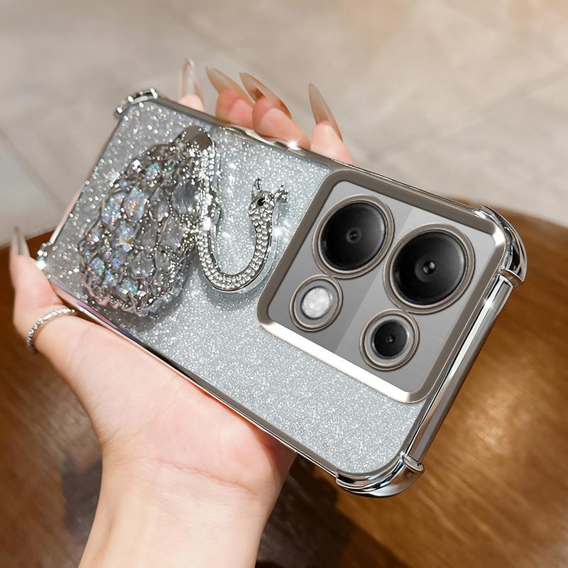 KEYSION Shockproof Plating Phone Case for Redmi Note 13 Pro 4G 13 5G Glitter Jewelled Swan Kickstand Cover for POCO X6 Pro M6 Pro