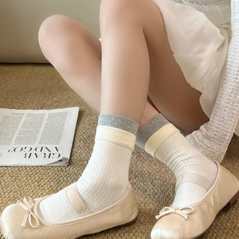 Spring and Autumn Children's Sock Set - Mid-length Double-cuffed Multi-color Plaid Socks, Gray Fake Two-piece Long Socks, Pure Cotton, Bone-free Socks