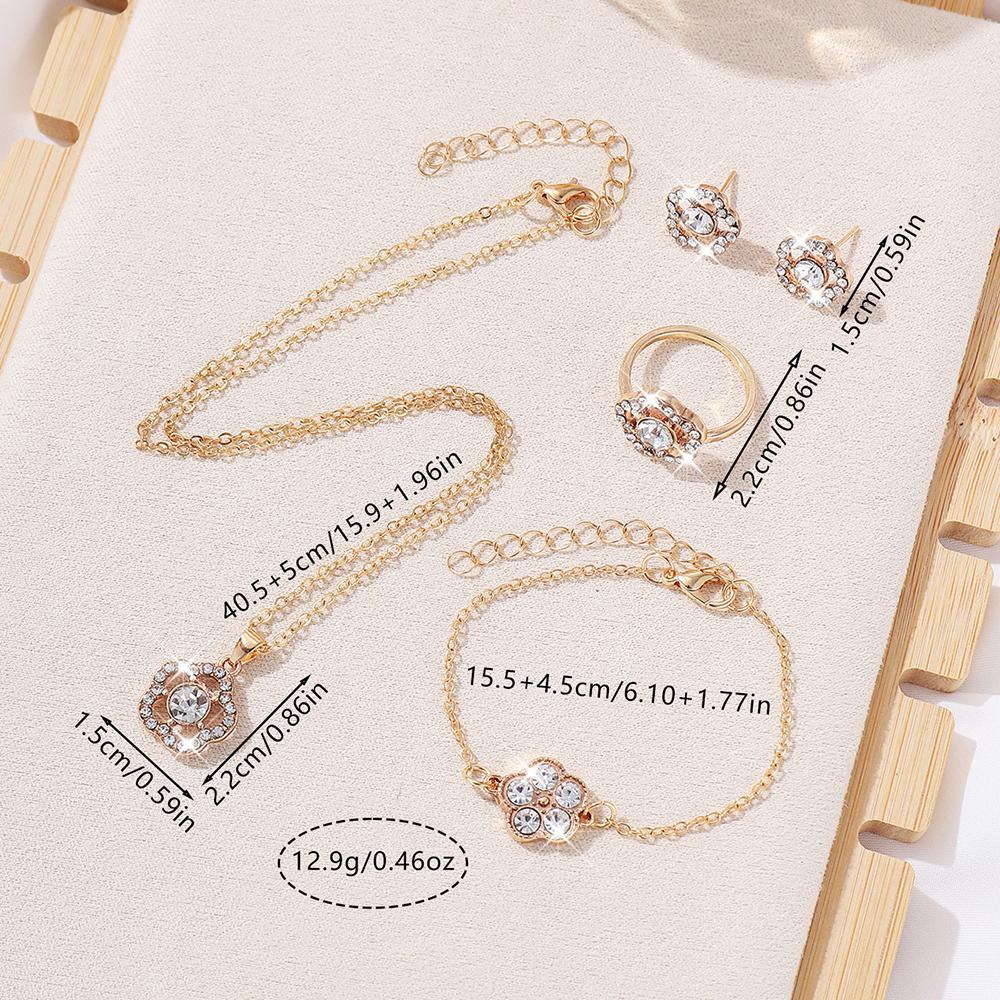 5pcs Women Zircon Set With Fashionable And Elegant Rhinestone Flower Shaped Necklace, Bracelet, Ring, and Earring Accessories,