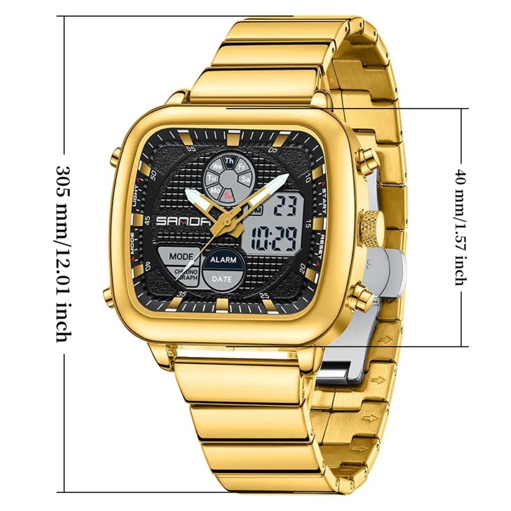 Men's Fashion Digital Square Watch Stainless Steel Multi Functional Stopwatch LED Backlight Date Waterproof Casual Men's Simulated Watch
