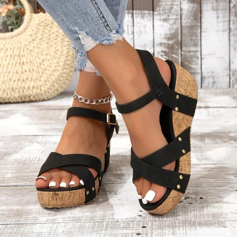 Summer New Wedges Sandals Women  Women's Shoes Buckle Rivet Decoration Large 42 Roman Platform Leisure Beach Sandalias Mujer