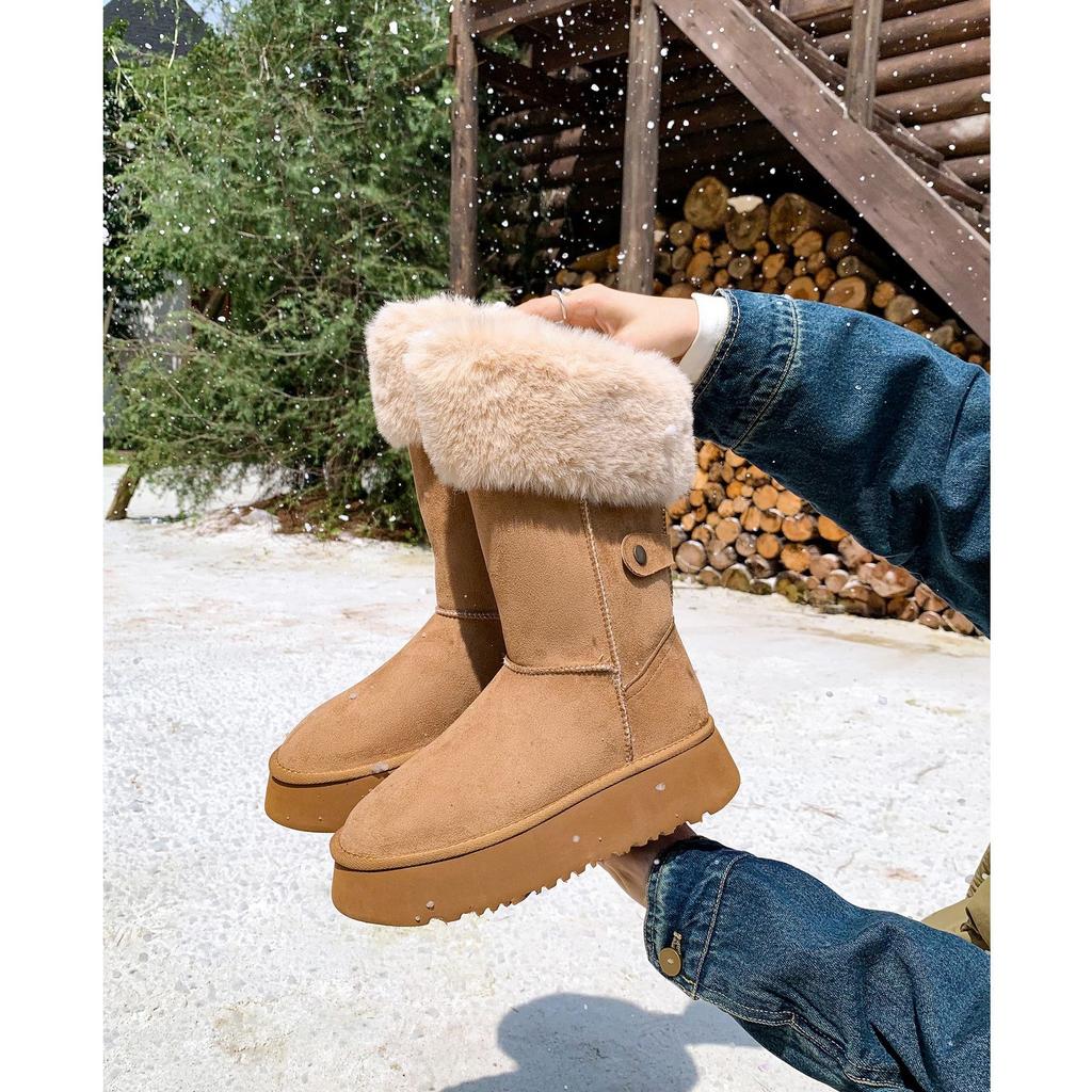 Women's fashion lightweight height-enhancing soft sole winter warm fur one snow boots padded mid-calf lined non-slip casual sports cotton boots