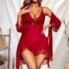 Sexy Lace Pajama Set for Women Babydoll Chemise Nightgown And Kimono Robe Set with Thong 3 Piece Sheer Mesh Sleepwear