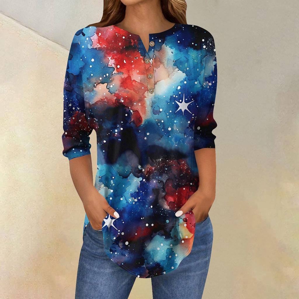 Tee Shirts For Women Fall Casual 3/4 Long Sleeve Button Shirts Sweatshirt Vintage Top Pullover
