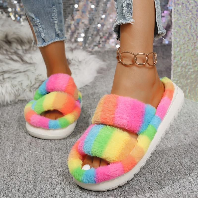 Warm Winter Women Plush Fluffy Slippers Open Toe Comfort Shoes Fuzzy Indoor Warm Soft Furry House Slippers Slides Women
