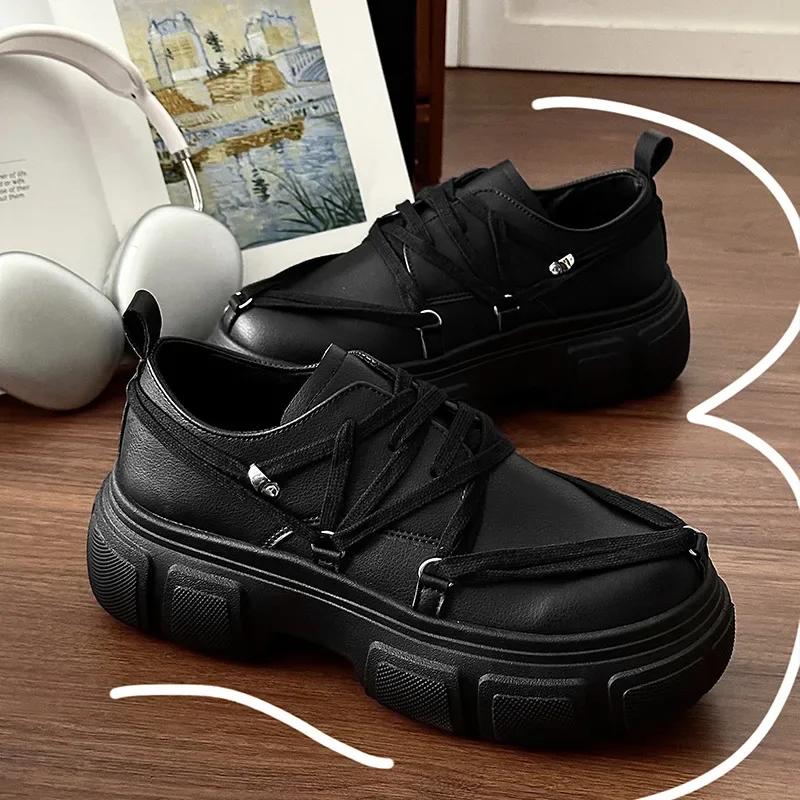 Men Shoes Thick Sole Increased Height Autumn Casual Comfort Non Slip Outdoor Lace Up Platform Korean PU Leather Sneakers 2025